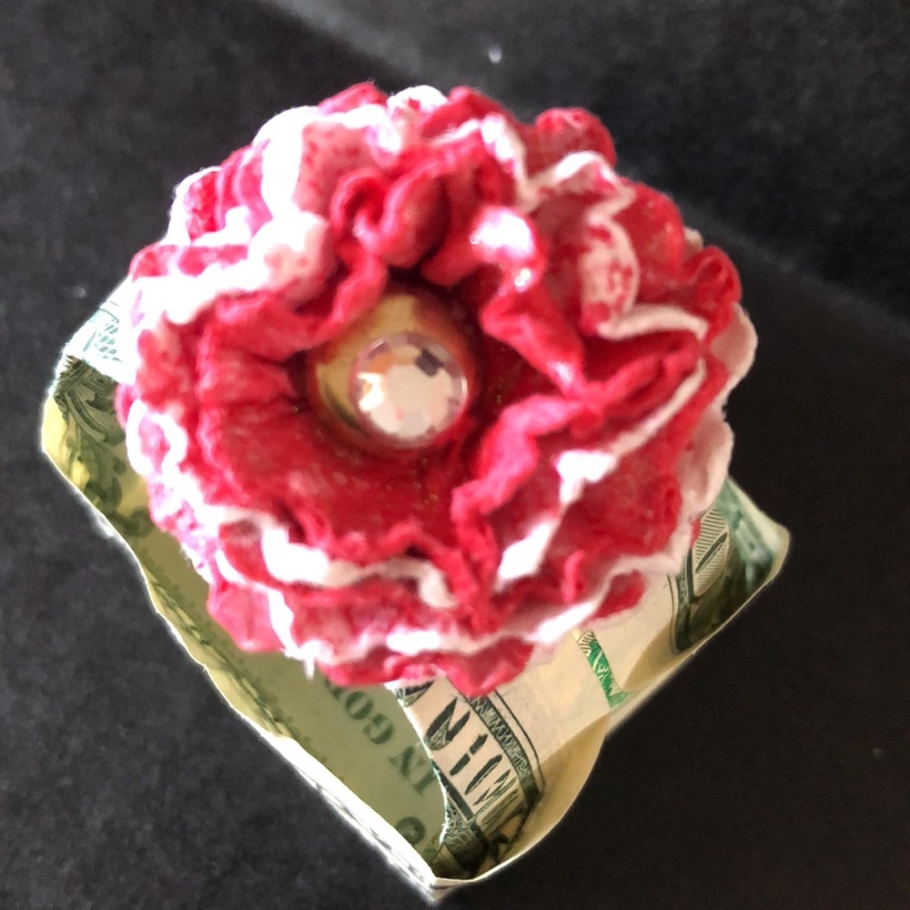 Origami basket handmade from dollar bill, accented with red and white flower - Picture 2 of 5